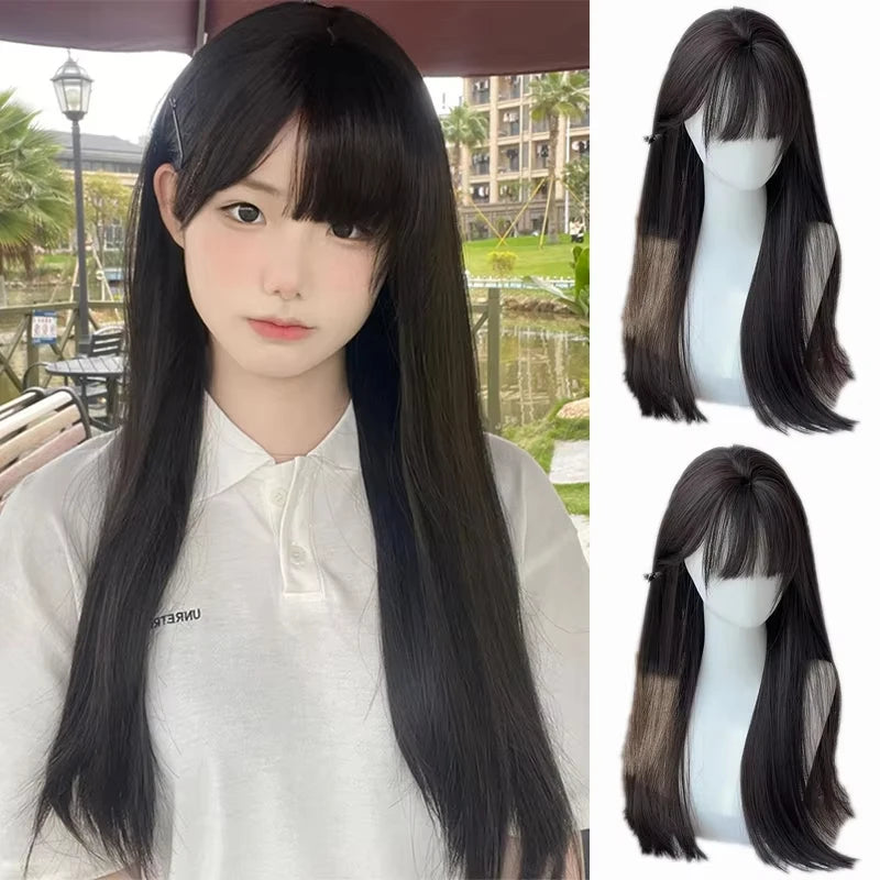 White Long Straight Wigs for Women with Bangs Natural Looking Synthetic Hair Wig for Halloween Cosplay Daily Use
