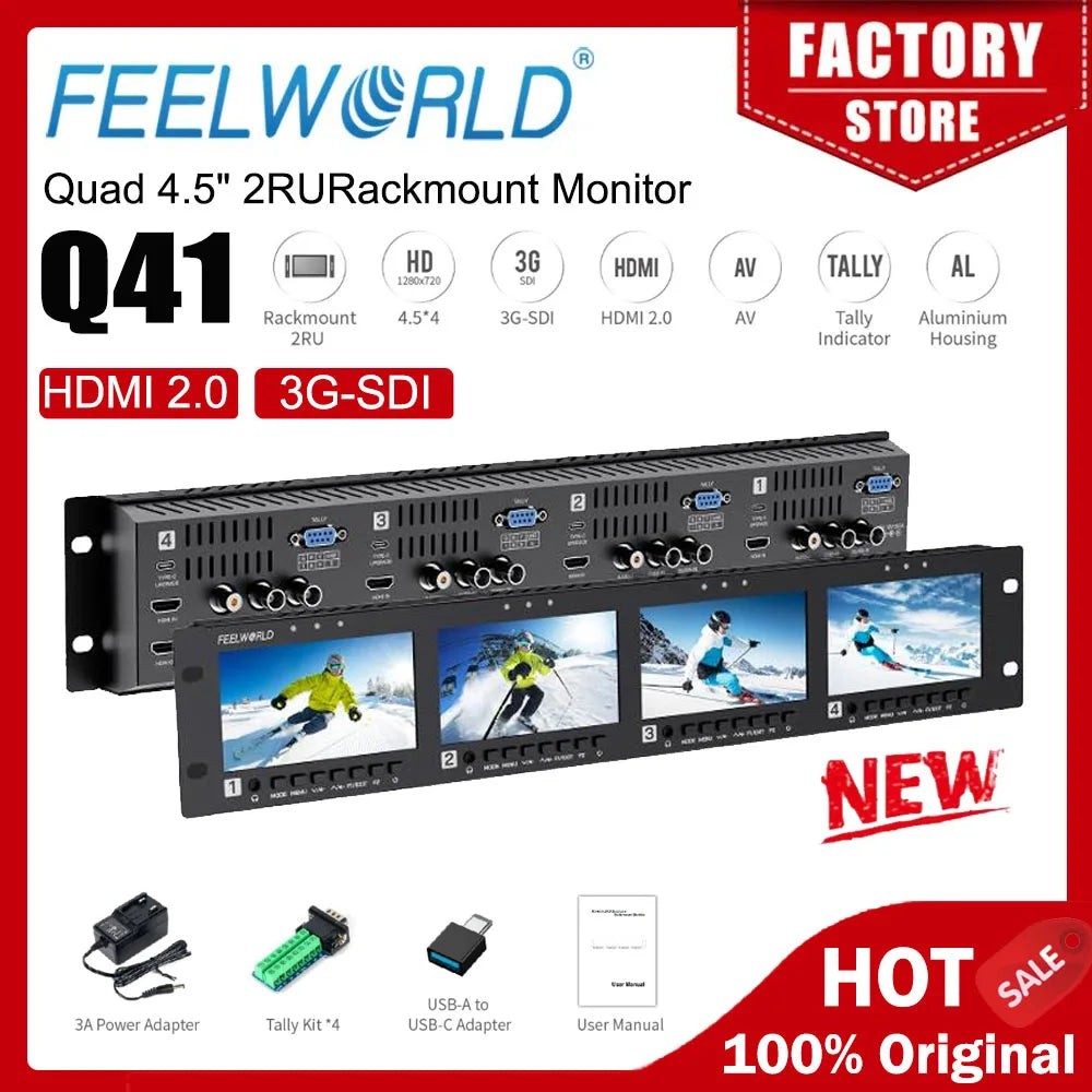 FEELWORLD Q41 Quad 4.5' 2RU Rackmount Monitor 3G-SDI 4KHDMI AV Input and Output 1280x720 Pixels