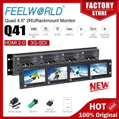 FEELWORLD Q41 Quad 4.5' 2RU Rackmount Monitor 3G-SDI 4KHDMI AV Input and Output 1280x720 Pixels