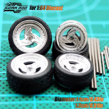Kicarmod 1/64 Model Car ABS Wheels with Rubber Tire Metal Rims Front Small Rear Large Refitting Parts For Model Car