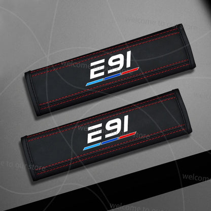 2pcs/set Car For E91 E92 E90 E Series Emblem Flag Of Tricolor Logo Leather Styling Seat Belt Cover Padding Pad Accessories