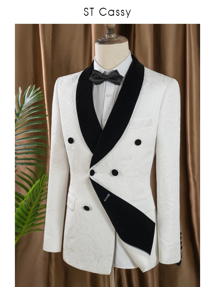 Double-breasted Groom's Wedding 2 Piece Set Men's White Slim Fit Leisure Tasdo Shawl Collar‌ Evening Gown Men's Suits