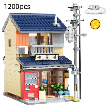 Cada Japanese Sushi HouseBricks Shop LED Japanese Steamed Bun House Building Blocks Summer Cafe Cada Toy Street View Series Set