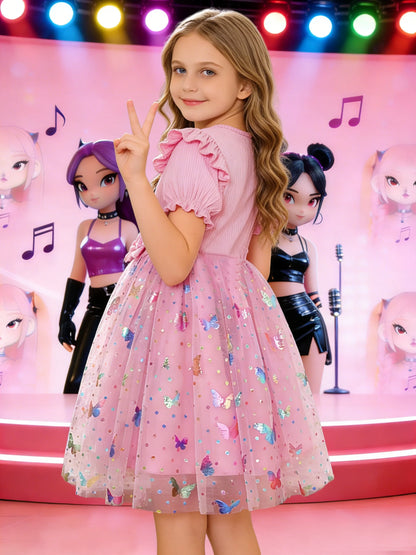 Girls' dress with sweet and cool girl group prints + double bows at the waist, puff sleeves, and a pink princess dress