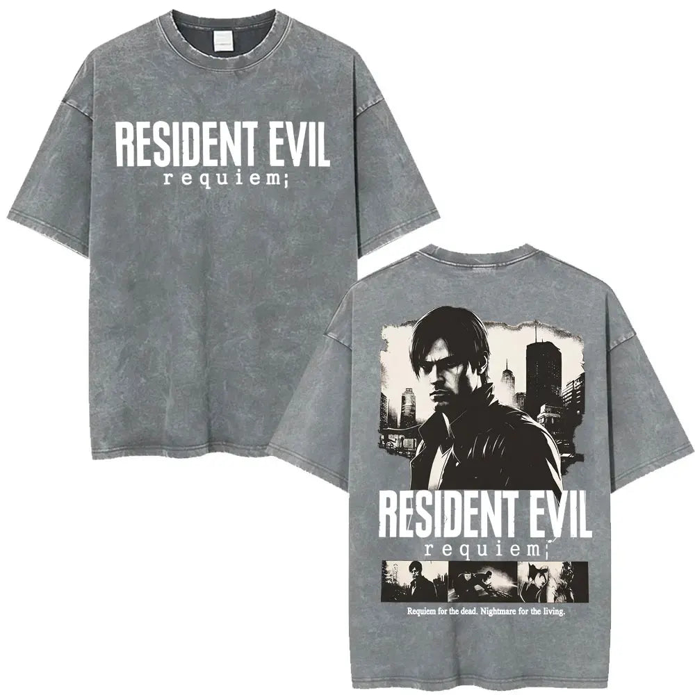 Limited Resident Evil Requiemm Anime T Shirt Men's Clothing Gothic Vintage Washed T Shirts Summer Tops O-Neck T-shirt Streetwear