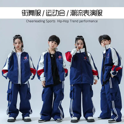 Kid Cool Hip Hop Clothing Navy Blue Zip Up Windbreaker Jacket Coat Top Casual Wide Pants for Girl Boy Jazz Dance Costume Clothes