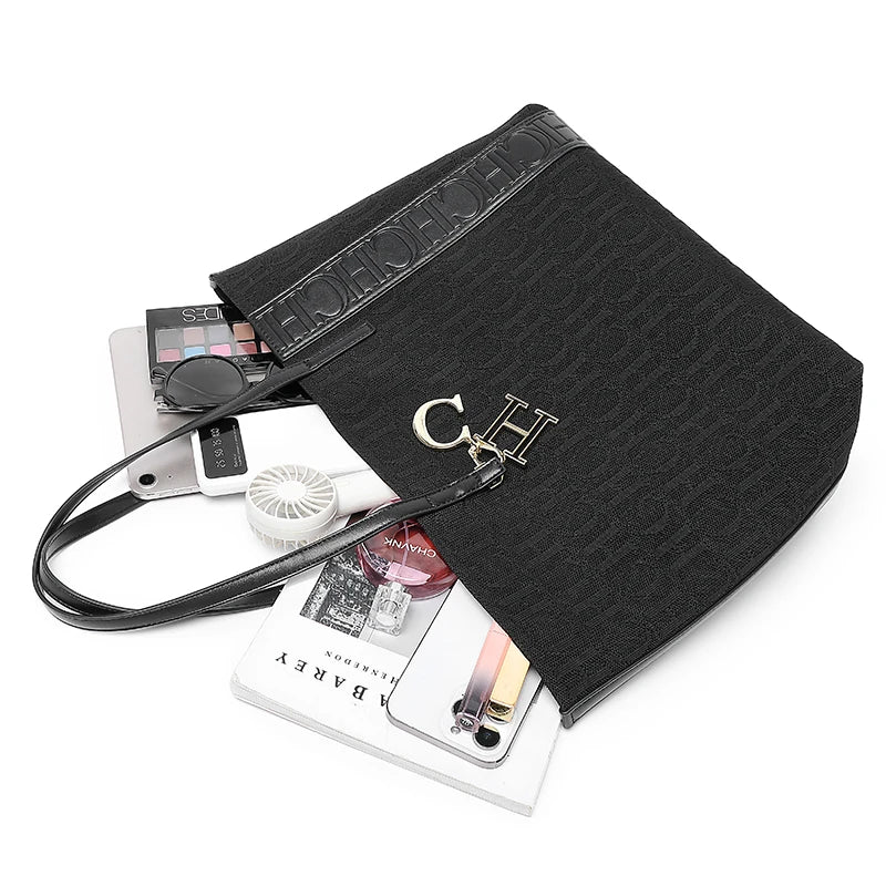 CH Fashion Letter Embossed Tote Bag for Women Large Capacity Shoulder Bag with Metal Pendant Casual Daily Commute Shopper Bag