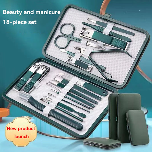 Nail Clipper Set, Home Nail Clippers, Dark Green 18-Piece Set, Pedicure, Exfoliation and Nail Care Tools