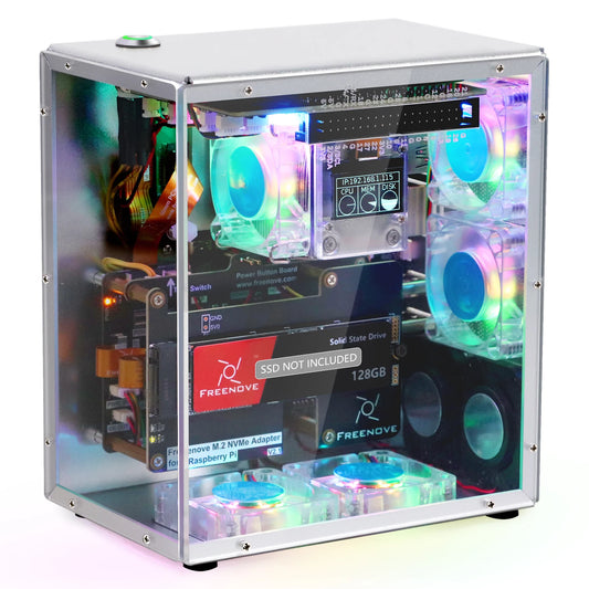 Freenove Raspberry Pi 5 Case Kit Pro, 1/2 M.2 NVMe SSD Slots, 5 PWM ARGB Fans, 0.96" OLED Screen, Stereo Speakers, 3.5 mm Audio