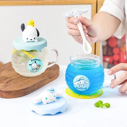 For Sanrio Kawaii Glass Cups Honey jar shape Water Cups Cartoon Kuromi& Hello Kitty& Cinnamoroll Anime Juice Milk Mug Kids Gift