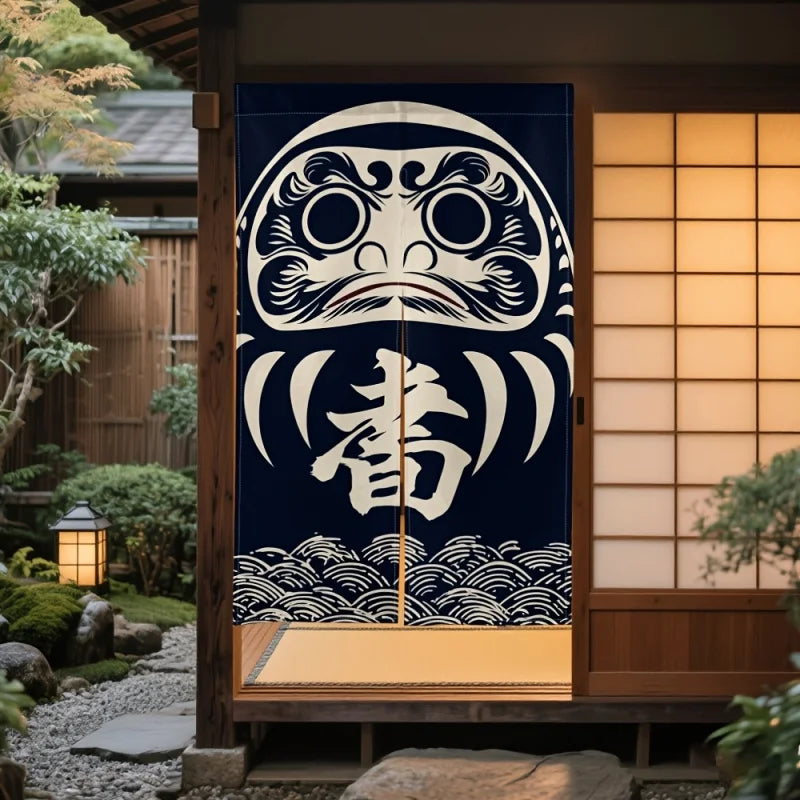 VIKAMA Traditional Japanese Daruma Noren Door Curtain, Navy Blue Daruma Print Room Divider For Restaurant & Home