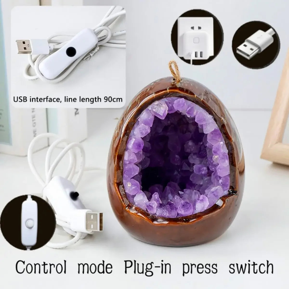 Natural Amethyst Cave Table Lamp Dinosaur Egg Bedroom LED Night Light Bedside Lamp Amethyst Flower Handicraft Home Decoration