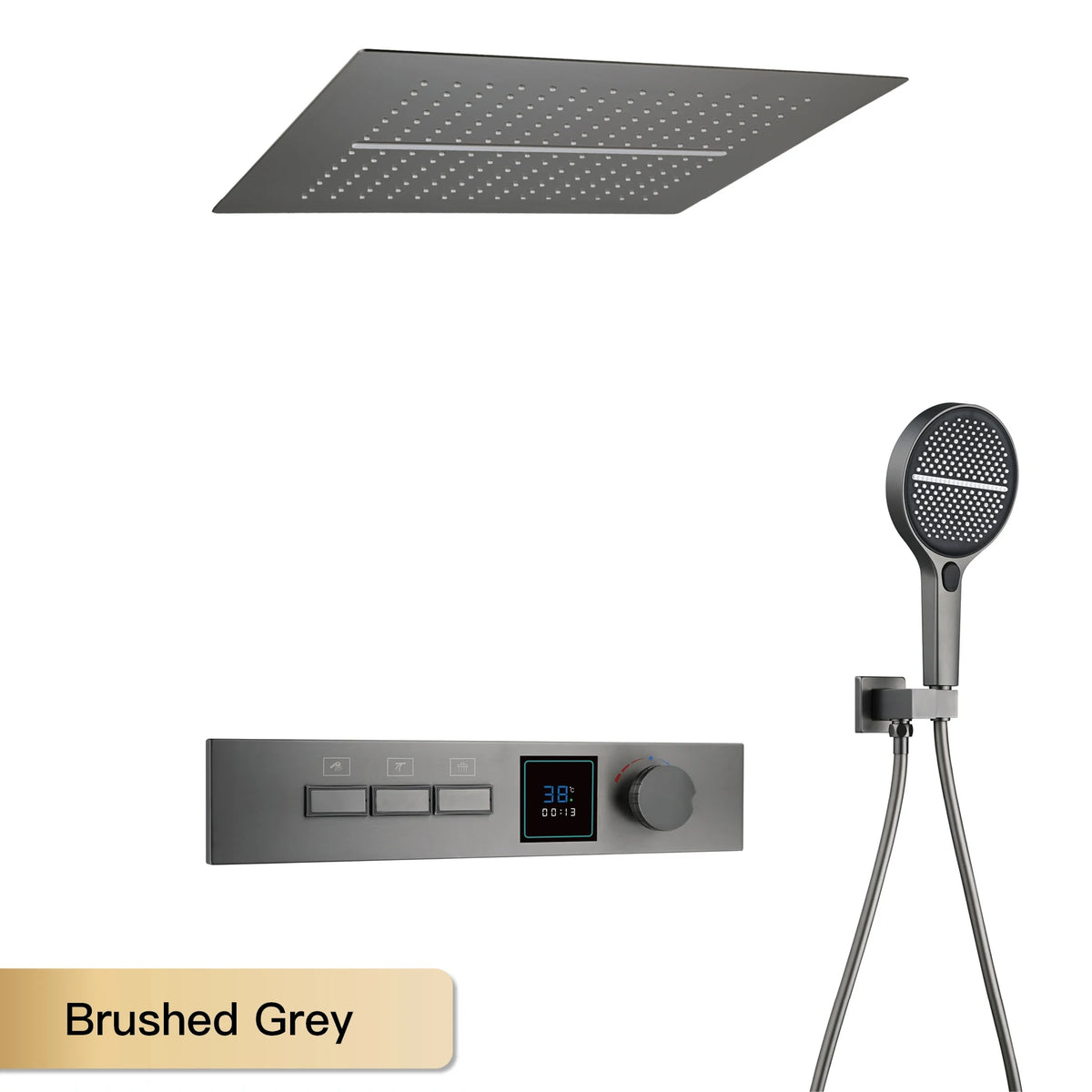 Luxury Gun Gray Brass Shower System with LED Digital Display Design Wall Mounted Constant Temperature 3-Function Bathroom Faucet