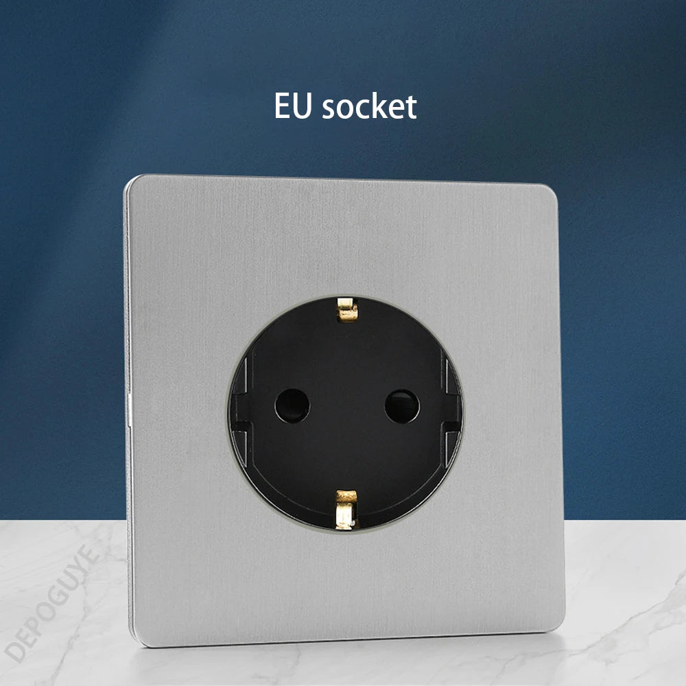 Wall Light Toggle Retro Switch Panel 1-4 Gang 2 Way EU Silver Gray Brushed Stainless Steel Antique Switch Outlet with USB Chargi