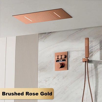 Luxury Black Brass Thermostatic Shower System Wall Mounted Design Hot & Cold Water Bathroom Ceiling LED Digital Display Faucet