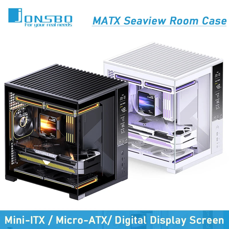 Jonsbo D34 Desktop MATX Mini-ITX Seaview Room PC Case Hardware Monitoring Digital Screen Gaming Chassis Support 280 Water-cooled