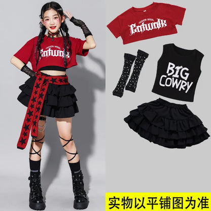 Girls K-pop Fashion Crop Top Bud Skirts Children Hip Hop Street Dance Costume Kids Streetwear Girl Group Jazz Summer Clothes Set
