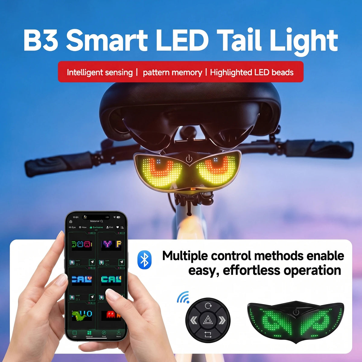 Motorcycle Helmet LED Display Bicycle Tail Light Bluetooth APP Controlled Smart Sensor Night Cycling Warning Safe Signal New