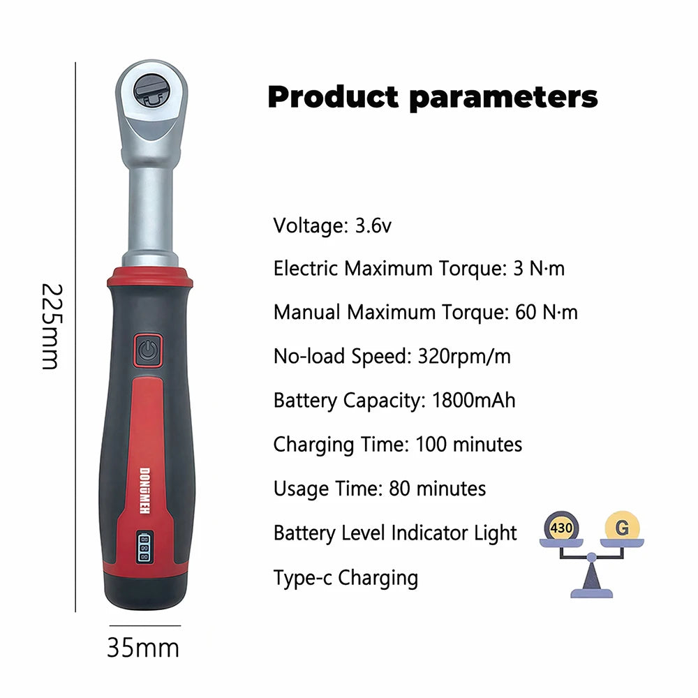 3.6V Ratchet Electric Wrench, 320 rpm, 1/4“ and 3/8” Auto/Manual Rechargeable Wrench, Automotive Repair Tool, Type-C Port