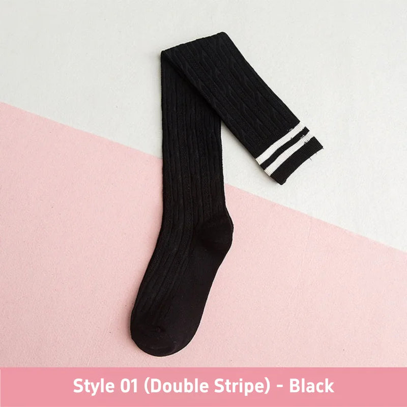 1 3 Pairs Women's Cotton Thigh High Socks Over The Knee Colorful Striped Pattern Casual Daily Wear Fashion Socks Black White