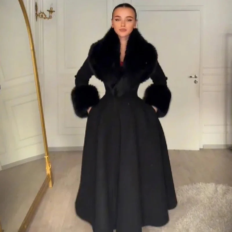 New Elegant Detachable Faux Fur Collar Overcoat Lady Cinched Waist V-neck A-line Dress Flared Coat Winter Formal Party Outerwear