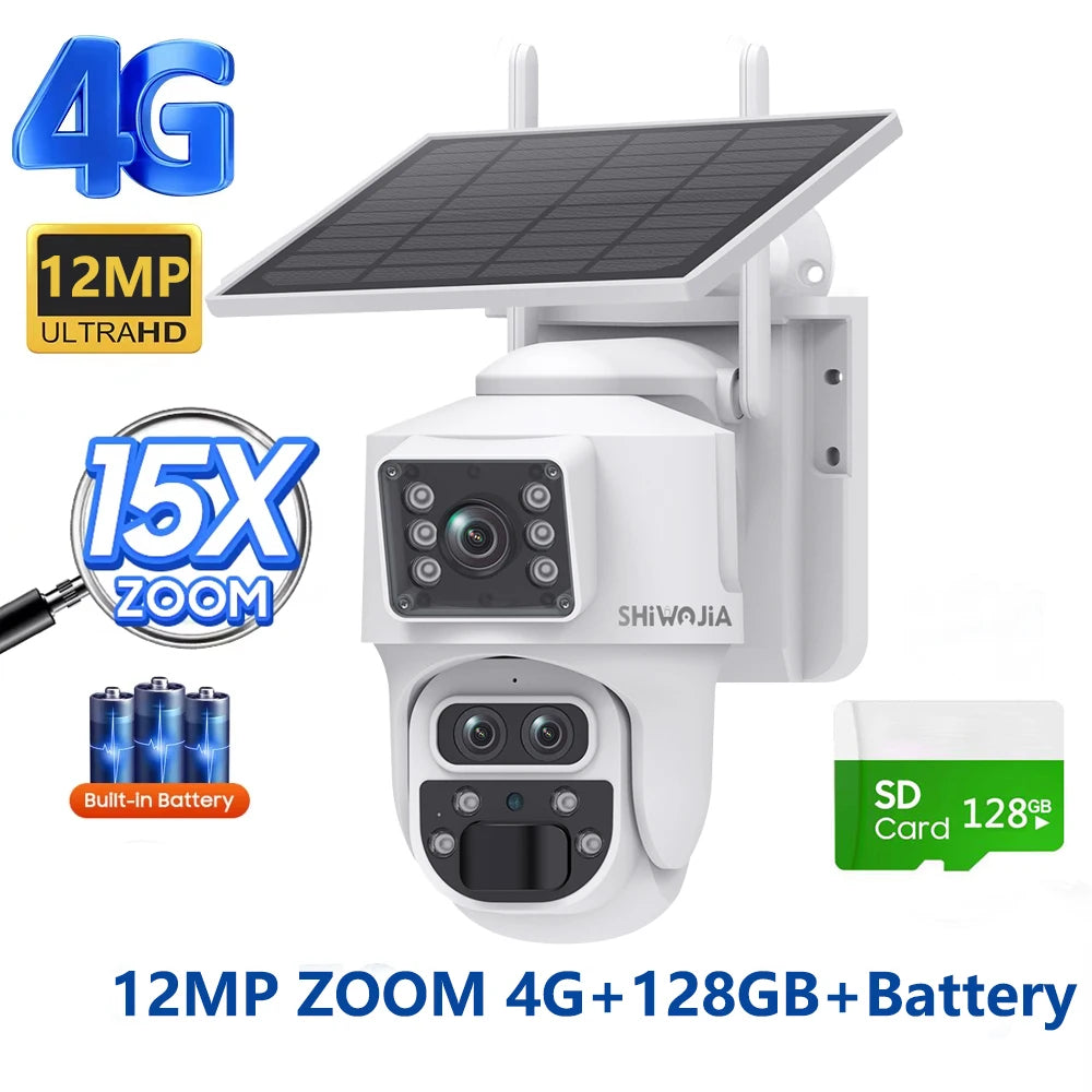 SHIWOJIA 15X ZOOM Solar Camera 4G 12MP Three Lens 360° View 5W Solar Panel Security Outdoor PTZ IP Camera 7800mAh Battery UBOX