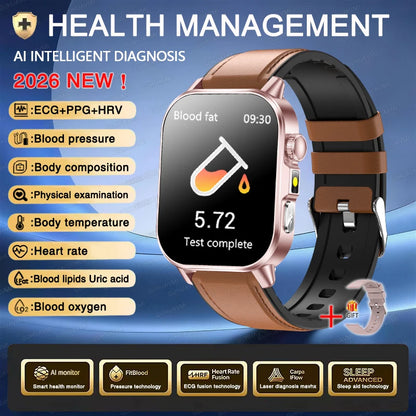 2026 New ECG+PPG Health AI Diagnosis Analysis Smart Watch Blood Lipid Uric Acid Tracker Clock NFC Bluetooth Call Watch Men Women