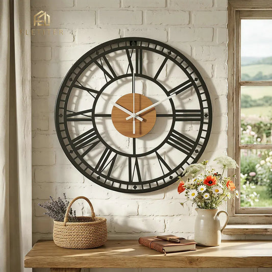34cm Retro Wall Clock, Rustic Silent Quartz Clock, Vintage Metal Roman Numeral Design, Farmhouse Decor for Living Room Home