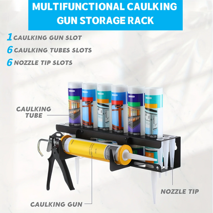 Caulking Gun Storage Rack, Sealant Tube Holder - Wall-Mounted Organizer with Recessed Shelf, Holds 6 Tubes & Nozzles for Garage