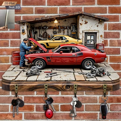2D Flat Classic Muscle Car Garage Key Holder, 4 Hooks Wooden Wall Mount, Retro Mechanic Print Key Rack for Men