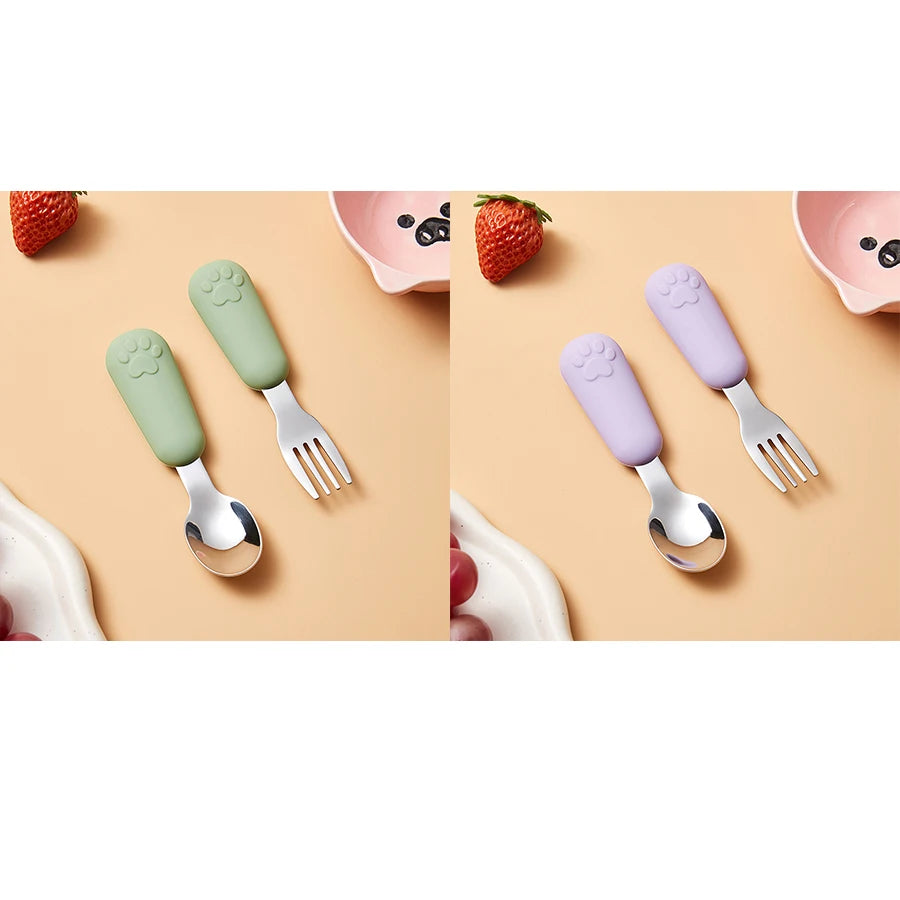 304 Stainless Steel Tableware Spoon Bears Paw Style Short Handled Fork Spoons, Learning to Eat, Small Auxiliary Training Spoons
