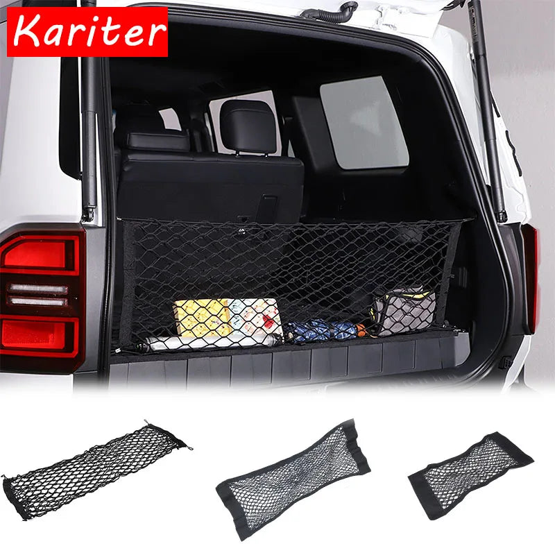 For Toyota Cruiser Prado 2024+ Car Back Rear Mesh Trunk Seat Elastic String Net Magic Sticker Universal Storage Bag Pocket Cage