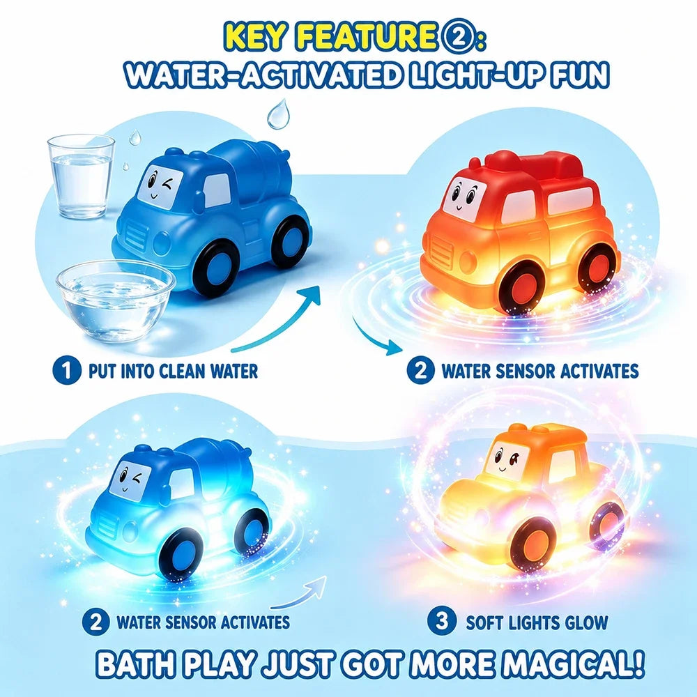1 Set Cute Cartoon Car Light Up Toy, Vinyl Touch Sensor Vehicle, Colorful Flashing Water Toy for Baby Bath Gift Baby Bath Toys