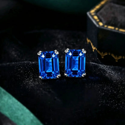 925 Sterling Silver Stud Earrings for Women Blue Sapphire Emerald Color Cubic Zirconia Four Prong Solitaire Earring Jewelry Gift