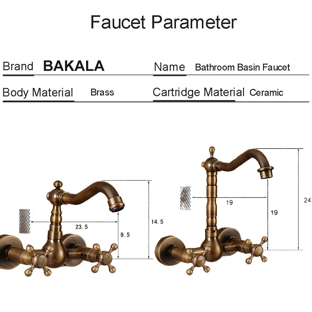 Wall Mounted Two Handles Antique Brass Finish Kitchen Sink Bathroom Basin Faucet Mixer Tap GZ8118