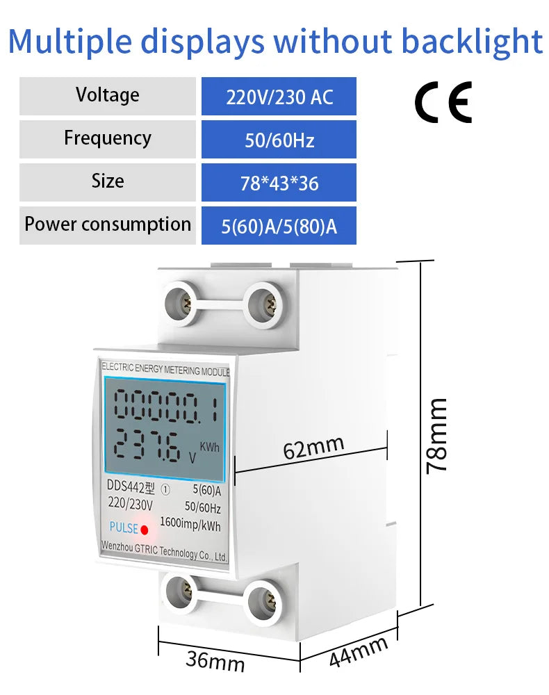 GTRIC Energy Meter 2P Single Phase Voltage Current Power Consumption Meter Wattmeter LCD Digital Display DIN Rail 230VAC 80A
