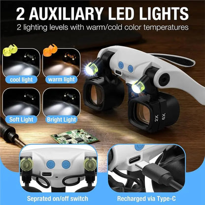 A93Z Jewelers Magnifying Glass With Light& 5 Interchangeable Lens Pairs(2X 4X 6X 10X 13X) For Close Work, Glasses Headband Inclu