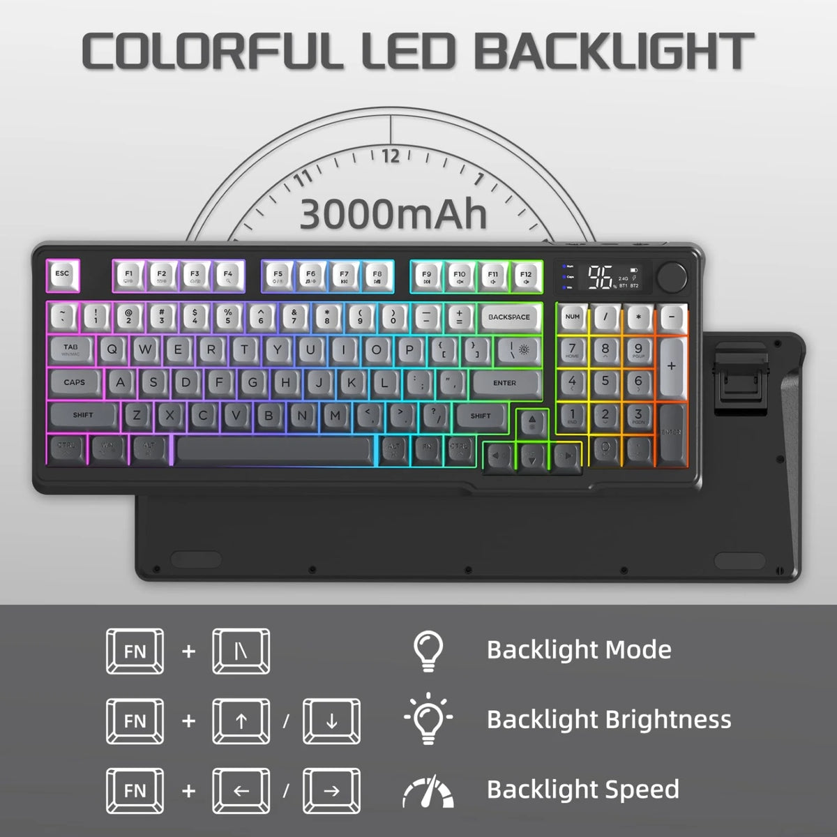 FREEWOLF M96 Wireless Dual Mode Gaming Keyboard with Smart Screen, 96-Key PBT RGB Backlight, Bluetooth, Media Knob, Ergonomics