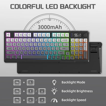 FREEWOLF M96 Wireless Dual Mode Gaming Keyboard with Smart Screen, 96-Key PBT RGB Backlight, Bluetooth, Media Knob, Ergonomics