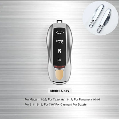 Metal Material Case For Porsche Cayenne Panamera Macan Cayman 718 911 Taycan Gloss Chrome Key Shell Car Key Case