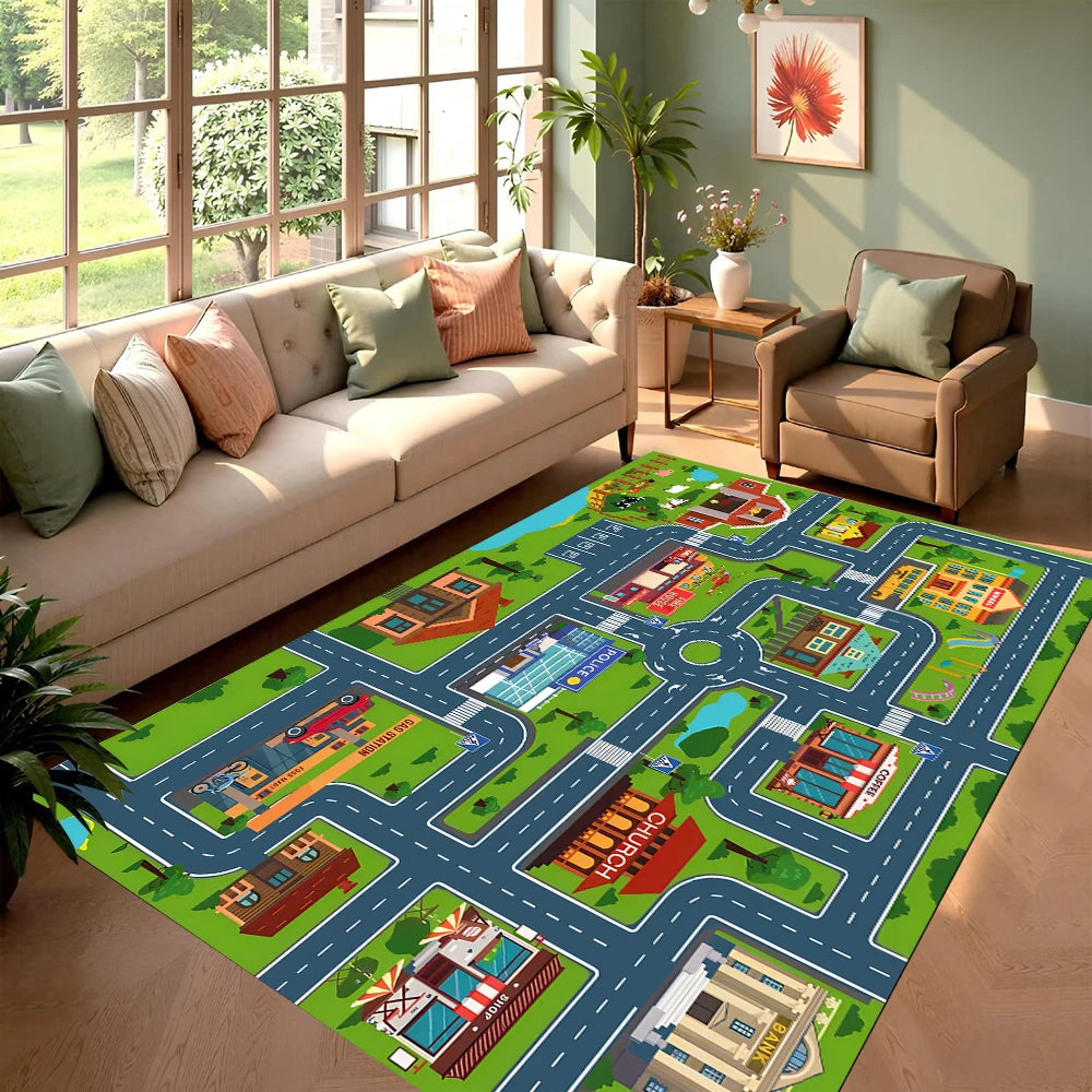 Kids City Traffic Road Game Area Rug Soft Non-Slip Playmat Road Car Park Print Indoor Decorative Carpet for Living Room Bedroom