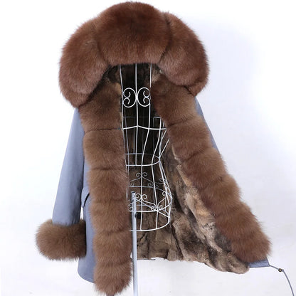 2026 Maomaokong Women's Winter Coats Rabbit Lining Jacket Natural Real Raccoon Fur Collar Parka Fox Fur Long Female Clothing