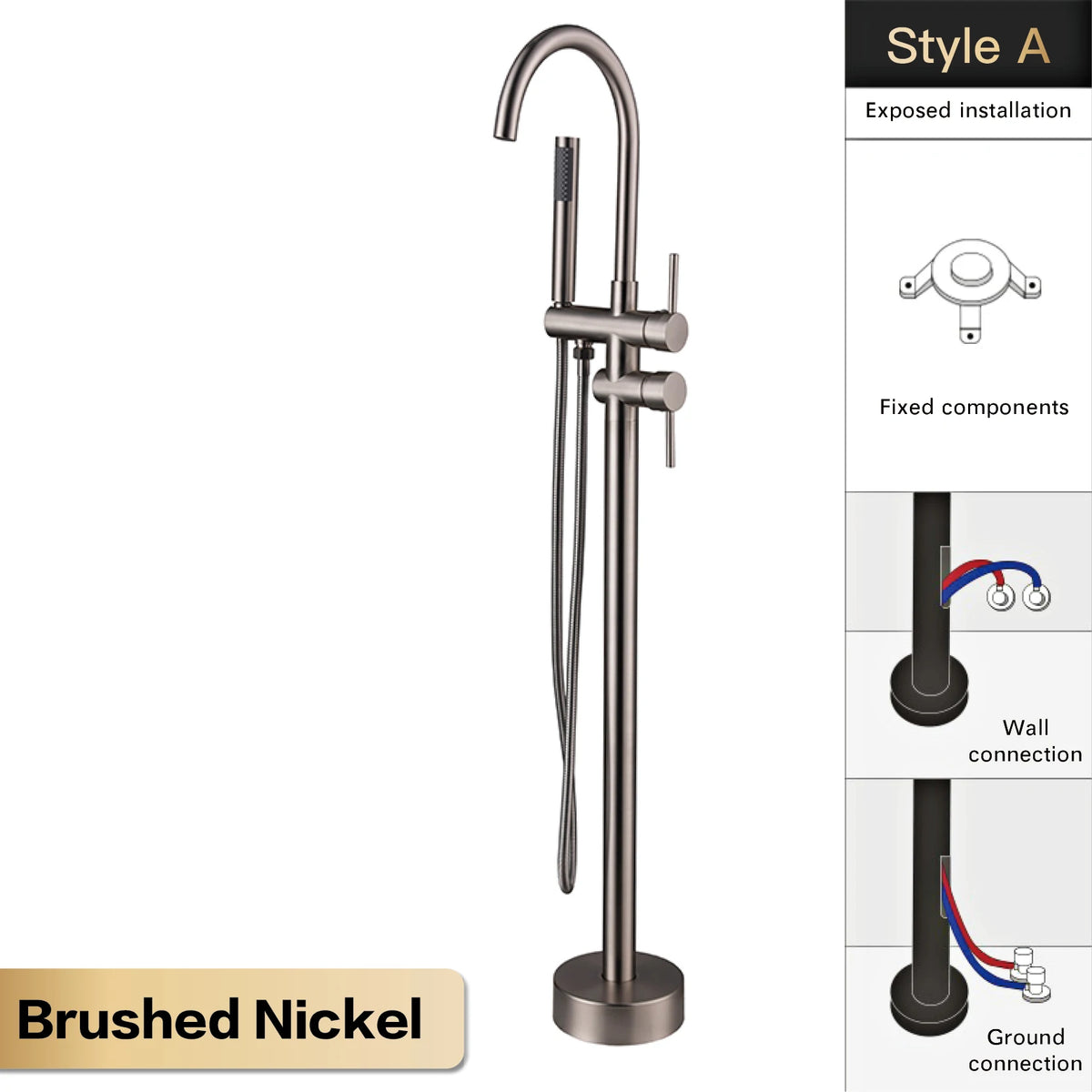 AITANA Luxury Black Brass Bathroom Faucet. Floor Standing Design with Simple 2 Handle Hot and Cold Bathtub and Dual-Mode Faucet