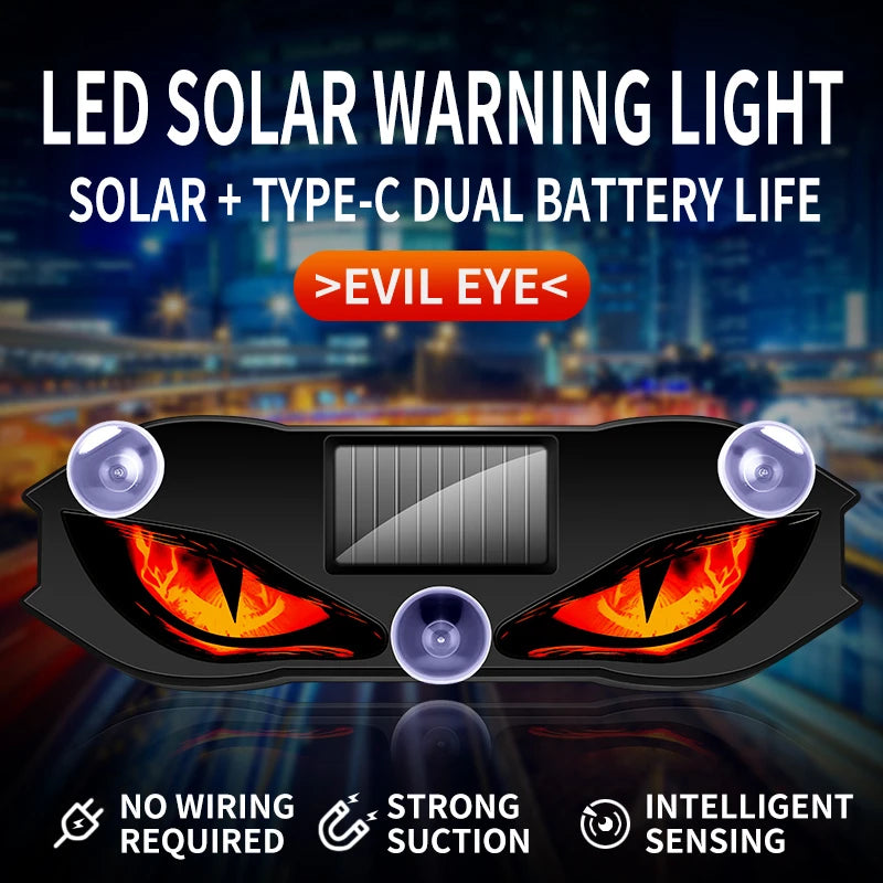 Solar Wireless Car LED Demon Eye Decorative Light Dynamic Eyes Windshield Rear Window Warning Atmosphere Lamp Auto Accessory