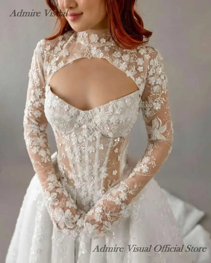 Admire Visual Wedding Dress A-Line Lace Detachable Sleeves Draped With Split On The Leg  Customized Bride Gown