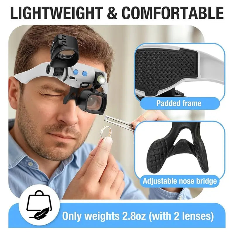 A93Z Jewelers Magnifying Glass With Light& 5 Interchangeable Lens Pairs(2X 4X 6X 10X 13X) For Close Work, Glasses Headband Inclu