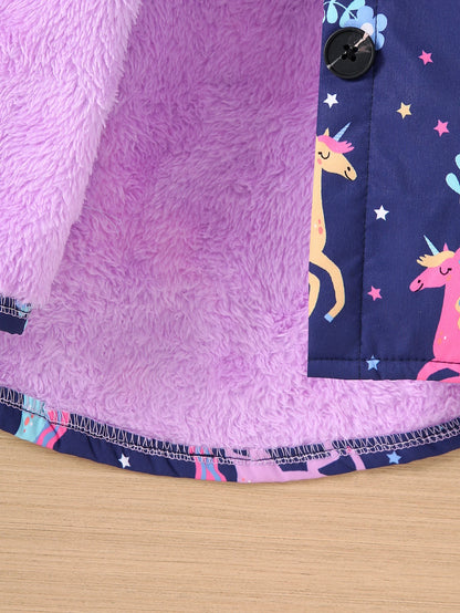 Autumn/Winter Fleece Warm And Cold Proof Girls' Colorful Printed Hooded Jacket For Casual Outings Medium To Long Length Jacket