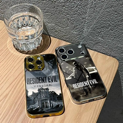 Resident Evil iPhone case with designs featuring iconic imagery and characters on tempered glass back.