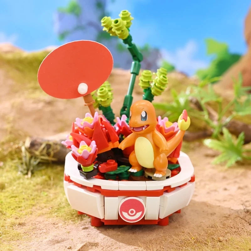 New Pokemon Building Block Pikachu Charmander Squirtle Model Toy Home Decoration Plant Potted Flower Brick Girl Toy Youths Gift