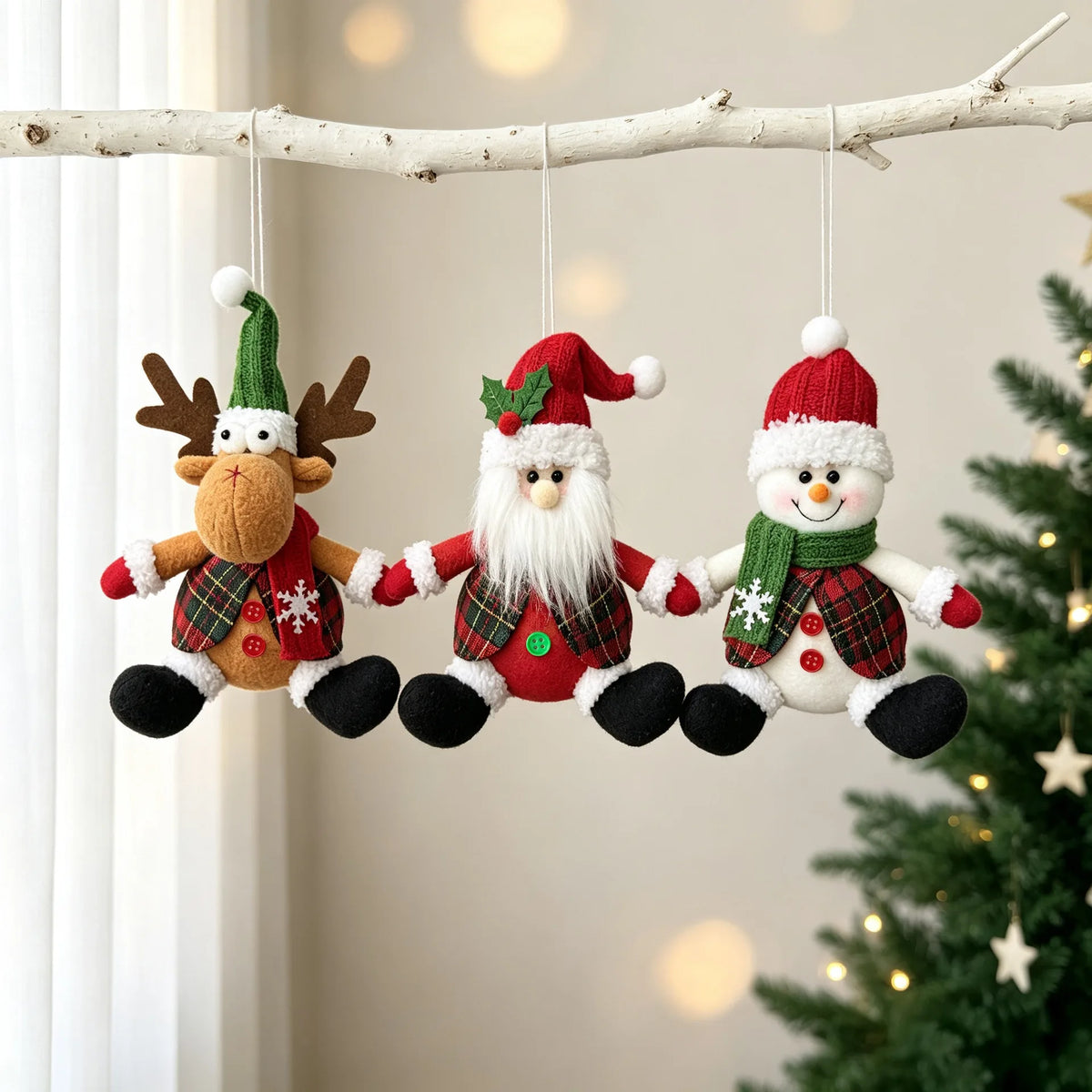 Christmas Tree Plush Hanging Ornaments Santa Snowman Reindeer Doll Pendants Tartan Cloth Xmas Home Holiday Party Decoration Gift